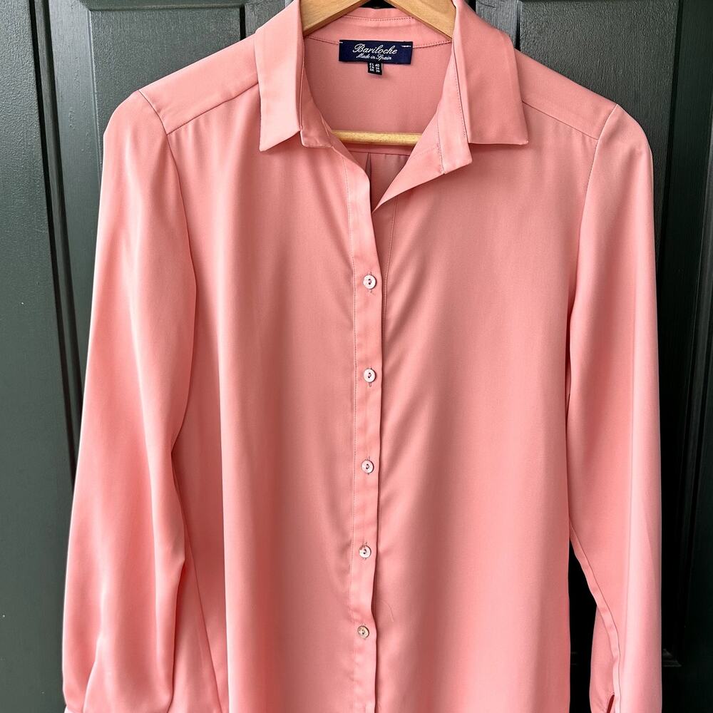 Bariloche Spain Sz 8 Button Front Silky Peach Button Front Blouse Career Office
